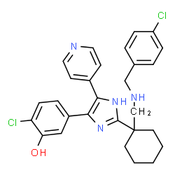 ChemSpider 2D Image | 2-Chloro-5-[2-(1-{[(4-chlorobenzyl)amino]methyl}cyclohexyl)-4-(4-pyridinyl)-1H-imidazol-5-yl]phenol | C28H28Cl2N4O