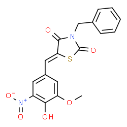 ChemSpider 2D Image | (5Z)-3-Benzyl-5-(4-hydroxy-3-methoxy-5-nitrobenzylidene)-1,3-thiazolidine-2,4-dione | C18H14N2O6S