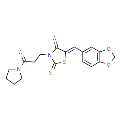 ChemSpider 2D Image | (5Z)-5-(1,3-Benzodioxol-5-ylmethylene)-3-[3-oxo-3-(1-pyrrolidinyl)propyl]-2-thioxo-1,3-thiazolidin-4-one | C18H18N2O4S2