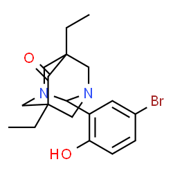 ChemSpider 2D Image | 2-(5-Bromo-2-hydroxyphenyl)-5,7-diethyl-1,3-diazatricyclo[3.3.1.1~3,7~]decan-6-one | C18H23BrN2O2