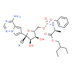 ChemSpider 2D Image | 2-Ethylbutyl (2S)-2-{[{[(2R,3S,4R,5R)-5-(4-aminopyrrolo[2,1-f][1,2,4]triazin-6-yl)-5-cyano-3,4-dihydroxytetrahydro-2-furanyl]methoxy}(phenoxy)phosphoryl]amino}propanoate (non-preferred name) | C27H35N6O8P