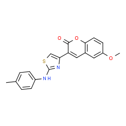 ChemSpider 2D Image | 6-Methoxy-3-{2-[(4-methylphenyl)amino]-1,3-thiazol-4-yl}-2H-chromen-2-one | C20H16N2O3S