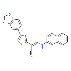 ChemSpider 2D Image | (2E)-2-[4-(1,3-Benzodioxol-5-yl)-1,3-thiazol-2-yl]-3-(2-naphthylamino)acrylonitrile | C23H15N3O2S