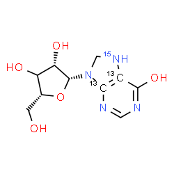 ChemSpider 2D Image | 9-[(3xi)-beta-D-threo-Pentofuranosyl](4,5-~13~C_2_,7-~15~N)-8,9-dihydro-7H-purin-6-ol | C813C2H14N315NO5