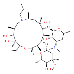 ChemSpider 2D Image | (2R,3S,4R,5S,8S,10R,11R,12S,13S,14R)-13-[(2,6-Dideoxy-3-C-methyl-3-O-methyl-beta-L-ribo-hexopyranosyl)oxy]-2-ethyl-3,4,10-trihydroxy-3,5,8,10,12,14-hexamethyl-15-oxo-7-propyl-1-oxa-7-azacyclopentadeca
n-11-yl 3,4,6-trideoxy-3-(dimethylamino)-alpha-D-lyxo-hexopyranoside | C40H76N2O12