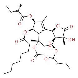 ChemSpider 2D Image | (3R,3aS,4S,6S,6aS,7R,8S,9bR)-6-Acetoxy-4-(butyryloxy)-3,3a-dihydroxy-3,6,9-trimethyl-8-{[(2E)-2-methyl-2-butenoyl]oxy}-2-oxo-2,3,3a,4,5,6,6a,7,8,9b-decahydroazuleno[4,5-b]furan-7-yl octanoate | C34H50O12