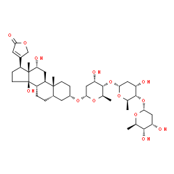 ChemSpider 2D Image | (3beta,5alpha,8alpha,9beta,10alpha,12beta,13alpha,14alpha,17alpha)-3-{[2,6-Dideoxy-alpha-D-ribo-hexopyranosyl-(1->4)-2,6-dideoxy-alpha-D-ribo-hexopyranosyl-(1->4)-2,6-dideoxy-alpha-D-ribo-hexopyranosy
l]oxy}-12,14-dihydroxycard-20(22)-enolide | C41H64O14
