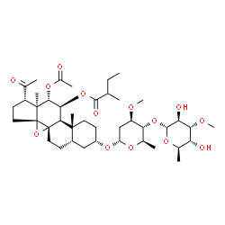 ChemSpider 2D Image | (3beta,5alpha,9beta,10alpha,11alpha,12beta,14beta)-12-Acetoxy-3-{[2,6-dideoxy-4-O-(6-deoxy-3-O-methyl-alpha-D-altropyranosyl)-3-O-methyl-alpha-D-arabino-hexopyranosyl]oxy}-20-oxo-8,14-epoxypregnan-11-
yl 2-methylbutanoate | C42H66O14