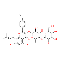 ChemSpider 2D Image | 5,7-Dihydroxy-2-(4-methoxyphenyl)-8-(3-methyl-2-buten-1-yl)-4-oxo-4H-chromen-3-yl 6-deoxy-4-O-alpha-D-mannopyranosyl-beta-L-glucopyranoside | C33H40O15