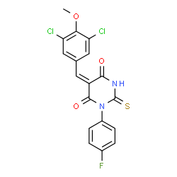 ChemSpider 2D Image | (5E)-5-(3,5-Dichloro-4-methoxybenzylidene)-1-(4-fluorophenyl)-2-thioxodihydro-4,6(1H,5H)-pyrimidinedione | C18H11Cl2FN2O3S