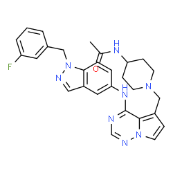 ChemSpider 2D Image | N-{1-[(4-{[1-(3-Fluorobenzyl)-1H-indazol-5-yl]amino}pyrrolo[2,1-f][1,2,4]triazin-5-yl)methyl]-4-piperidinyl}acetamide | C28H29FN8O