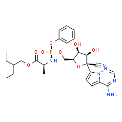 ChemSpider 2D Image | 2-Ethylbutyl (2S)-2-{[(S)-{[(2S,3S,4R,5R)-5-(4-aminopyrrolo[2,1-f][1,2,4]triazin-7-yl)-5-cyano-3,4-dihydroxytetrahydro-2-furanyl]methoxy}(phenoxy)phosphoryl]amino}propanoate (non-preferred name) | C27H35N6O8P