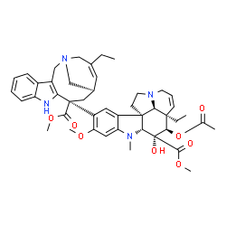 ChemSpider 2D Image | Methyl (2beta,3alpha,4beta,5alpha,19alpha)-4-acetoxy-15-[(12S,14R)-16-ethyl-12-(methoxycarbonyl)-1,10-diazatetracyclo[12.3.1.0~3,11~.0~4,9~]octadeca-3(11),4,6,8,15-pentaen-12-yl]-3-hydroxy-16-methoxy-
1-methyl-6,7-didehydroaspidospermidine-3-carboxylate | C45H54N4O8