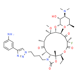 ChemSpider 2D Image | (3aR,4S,7R,9R,10R,11R,13R,15S,15aR)-1-{4-[4-(3-Aminophenyl)-1H-1,2,3-triazol-1-yl]butyl}-4-ethyl-7-fluoro-11-methoxy-3a,7,9,11,13,15-hexamethyl-2,6,8,14-tetraoxotetradecahydro-2H-oxacyclotetradecino[4
,3-d][1,3]oxazol-10-yl 3,4,6-trideoxy-3-(dimethylamino)-alpha-D-xylo-hexopyranoside | C43H65FN6O10