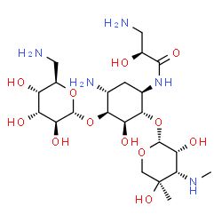 ChemSpider 2D Image | (2S)-3-Amino-N-[(1R,2S,3S,4S,5R)-5-amino-4-[(6-amino-6-deoxy-alpha-D-altropyranosyl)oxy]-2-{[3-deoxy-4-C-methyl-3-(methylamino)-beta-L-lyxopyranosyl]oxy}-3-hydroxycyclohexyl]-2-hydroxypropanamide | C22H43N5O12
