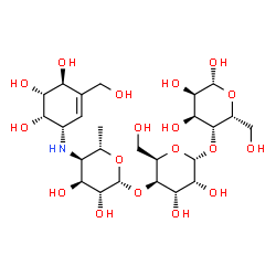 ChemSpider 2D Image | 4,6-Dideoxy-4-{[(1S,4S,5R,6S)-4,5,6-trihydroxy-3-(hydroxymethyl)-2-cyclohexen-1-yl]amino}-beta-L-altropyranosyl-(1->4)-alpha-D-gulopyranosyl-(1->4)-beta-D-gulopyranose | C25H43NO18