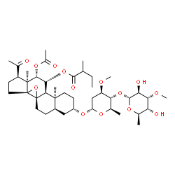 ChemSpider 2D Image | (3beta,5beta,9beta,11beta,12beta,14beta,17alpha)-12-Acetoxy-3-{[2,6-dideoxy-4-O-(6-deoxy-3-O-methyl-alpha-D-altropyranosyl)-3-O-methyl-alpha-D-arabino-hexopyranosyl]oxy}-20-oxo-8,14-epoxypregnan-11-yl
 2-methylbutanoate | C42H66O14