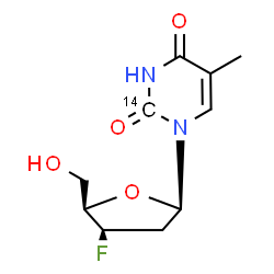 ChemSpider 2D Image | 1-(2,3-Dideoxy-3-fluoro-beta-D-threo-pentofuranosyl)-5-methyl-2,4(1H,3H)-(2-~14~C)pyrimidinedione | C914CH13FN2O4