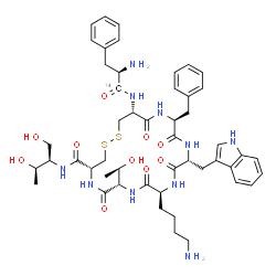 ChemSpider 2D Image | (4R,7S,10S,13R,16S,19R)-10-(4-Aminobutyl)-16-benzyl-N-[(2R,3R)-1,3-dihydroxy-2-butanyl]-7-[(1R)-1-hydroxyethyl]-13-(1H-indol-3-ylmethyl)-6,9,12,15,18-pentaoxo-19-[D-(~14~C)phenylalanylamino]-1,2-dithi
a-5,8,11,14,17-pentaazacycloicosane-4-carboxamide | C4814CH66N10O10S2