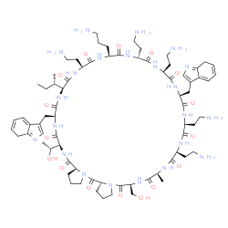 ChemSpider 2D Image | (5aR,11S,14S,17S,20S,23S,26S,29R,32S,35S,38S,41S,44S,46aS)-17,20,26,29,35-Pentakis(2-aminoethyl)-32-(3-aminopropyl)-38-[(2S)-2-butanyl]-44-[(1R)-1-hydroxyethyl]-11-(hydroxymethyl)-23,41-bis(7H-indol-3
-ylmethyl)-14-methyltriacontahydro-1H,5H-dipyrrolo[1,2-a:1',2'-d][1,4,7,10,13,16,19,22,25,28,31,34,37,40]tetradecaazacyclodotetracontine-5,10,13,16,19,22,25,28,31,34,37,40,43,46(46aH)-tetradecone | C73H112N22O16