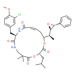 ChemSpider 2D Image | (3S,10R,13Z)-10-(3-Chloro-4-methoxybenzyl)-3-isobutyl-6,6-dimethyl-16-{(1S)-1-[(2R,3R)-3-phenyl-2-oxiranyl]ethyl}-1,4-dioxa-8,11-diazacyclohexadec-13-ene-2,5,9,12-tetrone | C36H45ClN2O8