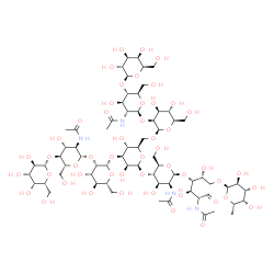 ChemSpider 2D Image | beta-D-Galactopyranosyl-(1->4)-2-acetamido-2-deoxy-beta-D-glucopyranosyl-(1->2)-beta-D-mannopyranosyl-(1->3)-[beta-D-galactopyranosyl-(1->4)-2-acetamido-2-deoxy-beta-D-glucopyranosyl-(1->2)-beta-D-man
nopyranosyl-(1->6)]-beta-D-mannopyranosyl-(1->4)-2-acetamido-2-deoxy-beta-D-mannopyranosyl-(1->4)-2-acetamido-2-deoxy-6-O-[(2R,3S,4R,5S,6S)-3,4,5-trihydroxy-6-methyltetrahydro-2H-pyran-2-yl]-D-glucose | C68H114N4O50