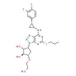 ChemSpider 2D Image | (1S,2R,3R,5S)-3-[7-{[(1R,2R)-2-(3,4-Difluorophenyl)cyclopropyl]amino}-5-(propylsulfanyl)-3H-[1,2,3]triazolo[4,5-d]pyrimidin-3-yl]-5-(2-hydroxyethoxy)-1,2-cyclopentanediol | C23H28F2N6O4S