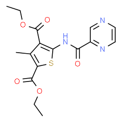 ChemSpider 2D Image | Diethyl 3-methyl-5-[(2-pyrazinylcarbonyl)amino]-2,4-thiophenedicarboxylate | C16H17N3O5S