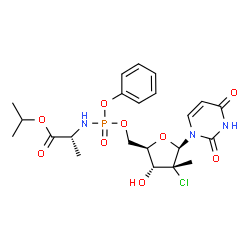 ChemSpider 2D Image | Isopropyl (2R)-2-{[{[(2R,3R,4R,5R)-4-chloro-5-(2,4-dioxo-3,4-dihydro-1(2H)-pyrimidinyl)-3-hydroxy-4-methyltetrahydro-2-furanyl]methoxy}(phenoxy)phosphoryl]amino}propanoate (non-preferred name) | C22H29ClN3O9P