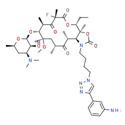 ChemSpider 2D Image | (3aS,4R,7S,9R,10R,11R,13R,15R,15aS)-1-{4-[4-(3-Aminophenyl)-1H-1,2,3-triazol-1-yl]butyl}-4-ethyl-7-fluoro-11-methoxy-3a,7,9,11,13,15-hexamethyl-2,6,8,14-tetraoxotetradecahydro-2H-oxacyclotetradecino[4
,3-d][1,3]oxazol-10-yl 3,4,6-trideoxy-3-(dimethylamino)-beta-D-lyxo-hexopyranoside | C43H65FN6O10