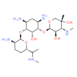 ChemSpider 2D Image | (1S,2R,3R,4S,6R)-4,6-Diamino-3-({(2R,3R,6S)-3-amino-6-[(1R)-1-(methylamino)ethyl]tetrahydro-2H-pyran-2-yl}oxy)-2-hydroxycyclohexyl 3-deoxy-4-C-methyl-3-(methylamino)-beta-L-arabinopyranoside | C21H43N5O7