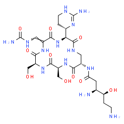 ChemSpider 2D Image | (3S,4S)-3,6-Diamino-N-[(3S,6Z,9S,12S,15S)-3-[(4S)-2-amino-1,4,5,6-tetrahydro-4-pyrimidinyl]-6-[(carbamoylamino)methylene]-9,12-bis(hydroxymethyl)-2,5,8,11,14-pentaoxo-1,4,7,10,13-pentaazacyclohexadeca
n-15-yl]-4-hydroxyhexanamide (non-preferred name) | C25H43N13O10