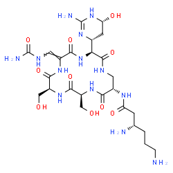 ChemSpider 2D Image | (3S)-3,6-Diamino-N-[(3S,6Z,9S,12S,15S)-3-[(4R,6R)-2-amino-6-hydroxy-1,4,5,6-tetrahydro-4-pyrimidinyl]-6-[(carbamoylamino)methylene]-9,12-bis(hydroxymethyl)-2,5,8,11,14-pentaoxo-1,4,7,10,13-pentaazacyc
lohexadecan-15-yl]hexanamide | C25H43N13O10
