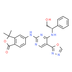ChemSpider 2D Image | 5-{[4-{[(1S)-2-Hydroxy-1-phenylethyl]amino}-5-(1,3,4-oxadiazol-2-yl)-2-pyrimidinyl]amino}-3,3-dimethyl-2-benzofuran-1(3H)-one | C24H22N6O4