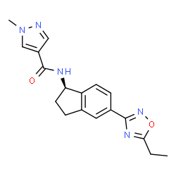 ChemSpider 2D Image | N-[(1R)-5-(5-ethyl-1,2,4-oxadiazol-3-yl)-2,3-dihydro-1H-inden-1-yl]-1-methylpyrazole-4-carboxamide | C18H19N5O2
