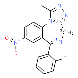 ChemSpider 2D Image | 6-(2-Fluorophenyl)-1-methyl-8-nitro(3a,4-~13~C_2_,5-~15~N)-4H-[1,2,4]triazolo[4,3-a][1,4]benzodiazepine | C1513C2H12FN415NO2