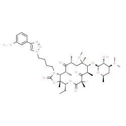 ChemSpider 2D Image | (3aR,4R,7S,9R,10R,11R,13R,15R,15aR)-1-{4-[4-(3-Aminophenyl)-1H-1,2,3-triazol-1-yl]butyl}-4-ethyl-7-fluoro-11-methoxy-3a,7,9,11,13,15-hexamethyl-2,6,8,14-tetraoxotetradecahydro-2H-oxacyclotetradecino[4
,3-d][1,3]oxazol-10-yl 3,4,6-trideoxy-3-(dimethylamino)-beta-D-xylo-hexopyranoside | C43H65FN6O10