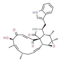 ChemSpider 2D Image | (1Z,4S,5Z,7R,11aR,14S,14aR,15aR,16aS,16bR)-7-Hydroxy-14-(1H-indol-3-ylmethyl)-4,6,15,15a-tetramethyl-4,7,14,14a,15,15a,16a,16b-octahydro-3H-cyclotrideca[d]oxireno[f]isoindole-8,11,12(13H)-trione | C32H36N2O5
