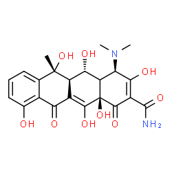 ChemSpider 2D Image | (4R,5S,5aR,6R,12aR)-4-(Dimethylamino)-3,5,6,10,12,12a-hexahydroxy-6-methyl-1,11-dioxo-1,4,4a,5,5a,6,11,12a-octahydro-2-tetracenecarboxamide | C22H24N2O9
