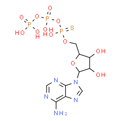 ChemSpider 2D Image | 9-{5-O-[{[Hydroxy(phosphonooxy)phosphoryl]oxy}(sulfanyl)phosphoryl]pentofuranosyl}-9H-purin-6-amine | C10H16N5O12P3S