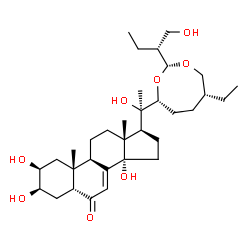 ChemSpider 2D Image | (2beta,3beta,5beta,17beta)-17-[(1R)-1-{(2R,4R,7R)-7-Ethyl-2-[(2R)-1-hydroxy-2-butanyl]-1,3-dioxocan-4-yl}-1-hydroxyethyl]-2,3,14-trihydroxyandrost-7-en-6-one | C33H54O8