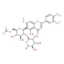 ChemSpider 2D Image | (1S)-6-O-Acetyl-1,5-anhydro-2-O-(6-deoxy-alpha-L-mannopyranosyl)-1-[2-(3,4-dimethoxyphenyl)-5-hydroxy-7-methoxy-4-oxo-4H-chromen-6-yl]-D-glucitol | C32H38O16