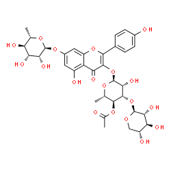 ChemSpider 2D Image | 7-[(6-Deoxy-alpha-L-mannopyranosyl)oxy]-5-hydroxy-2-(4-hydroxyphenyl)-4-oxo-4H-chromen-3-yl 4-O-acetyl-6-deoxy-3-O-beta-D-xylopyranosyl-alpha-L-mannopyranoside | C34H40O19
