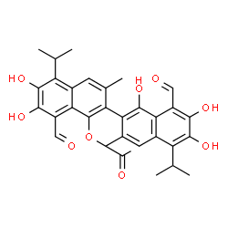 ChemSpider 2D Image | 8,8'-Diformyl-1',6,6',7,7'-pentahydroxy-5,5'-diisopropyl-3,3'-dimethyl-2,2'-binaphthalen-1-yl acetate | C32H32O9