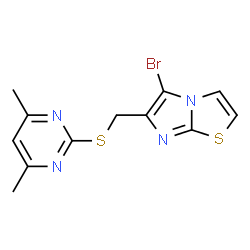ChemSpider 2D Image | 5-Bromo-6-{[(4,6-dimethyl-2-pyrimidinyl)sulfanyl]methyl}imidazo[2,1-b][1,3]thiazole | C12H11BrN4S2