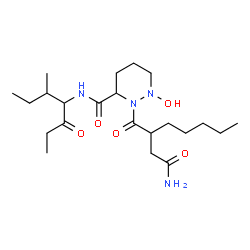 ChemSpider 2D Image | 2-[2-(2-Amino-2-oxoethyl)heptanoyl]-1-hydroxy-N-(3-methyl-5-oxo-4-heptanyl)hexahydro-3-pyridazinecarboxamide | C22H40N4O5