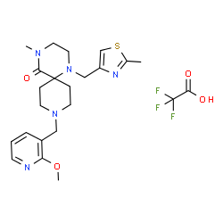 ChemSpider 2D Image | 9-[(2-Methoxy-3-pyridinyl)methyl]-4-methyl-1-[(2-methyl-1,3-thiazol-4-yl)methyl]-1,4,9-triazaspiro[5.5]undecan-5-one trifluoroacetate (1:1) | C23H30F3N5O4S
