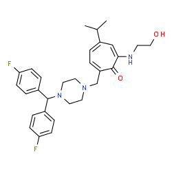 ChemSpider 2D Image | 7-({4-[Bis(4-fluorophenyl)methyl]-1-piperazinyl}methyl)-2-[(2-hydroxyethyl)amino]-4-isopropyl-2,4,6-cycloheptatrien-1-one | C30H35F2N3O2