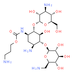 ChemSpider 2D Image | 3-Aminopropyl {(1R,2S,3S,4R,5S)-5-amino-2-[(3-amino-3-deoxy-alpha-D-glucopyranosyl)oxy]-4-[(6-amino-6-deoxy-beta-D-glucopyranosyl)oxy]-3-hydroxycyclohexyl}carbamate | C22H43N5O13