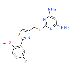 ChemSpider 2D Image | 2-({[2-(5-Bromo-2-methoxyphenyl)-1,3-thiazol-4-yl]methyl}sulfanyl)-4,6-pyrimidinediamine | C15H14BrN5OS2